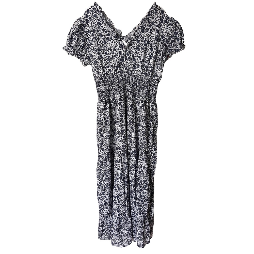 La Plage Floral Maxi Dress Medium Blue White Smocked Puff Sleeve Cottagecore